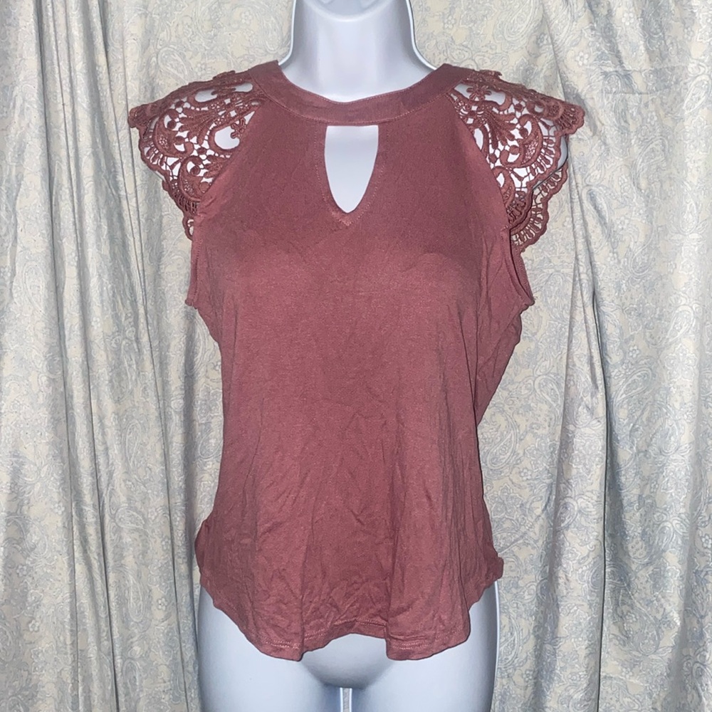 The Workshop dusty rose top with crochet lace shoulders size S